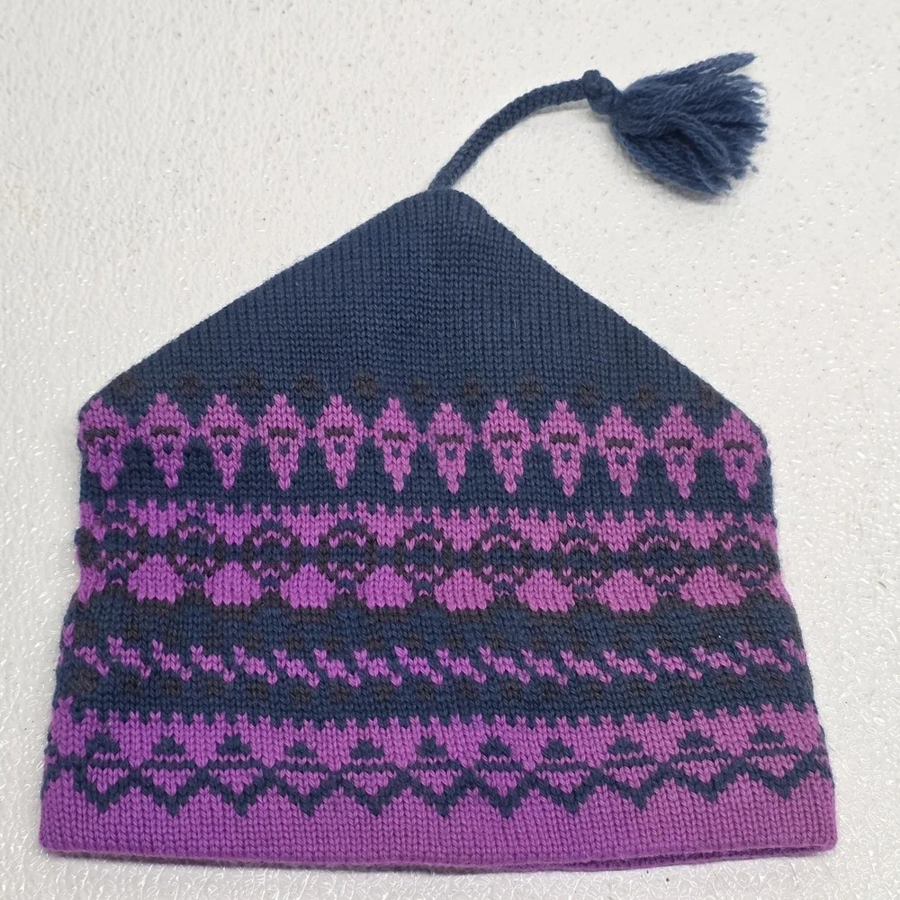 Capello Dark Blue Purple Pattern Wool Ski Winter Hat Beanie Made In Canada